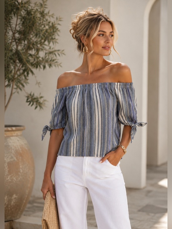 Maven West Tops - Maven West 100% Linen Off shoulder Top